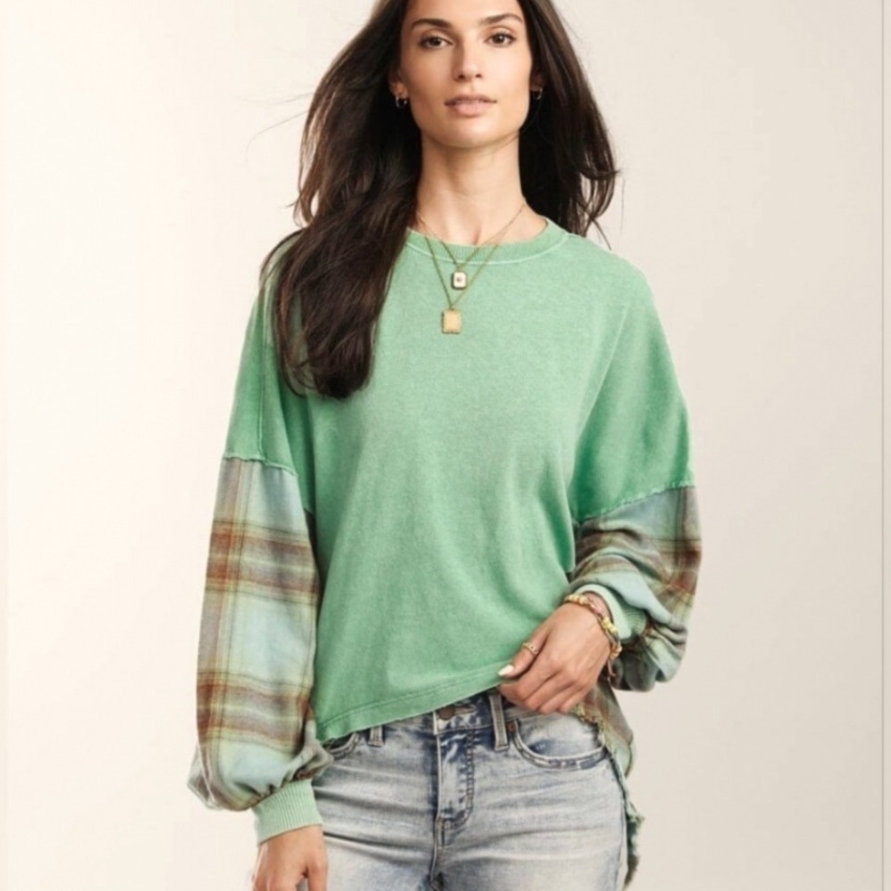 Free People We The Free Miley Women XS Mix Media Plaid Lantern Sleeve Top‎ Green